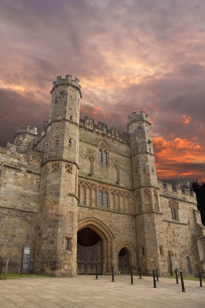 The gatehouse of Battle Abbey at Hastings at dusk