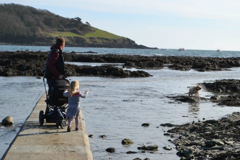 Mr Tin Box and the Tot on the causeway at Hannafore Beach near Looe during our break in Cornwall