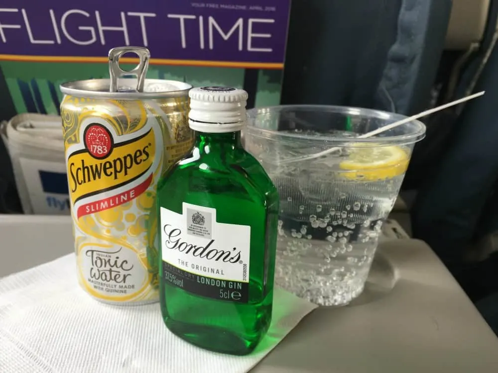 In flight gin and tonic on our Flybe flight from Exeter to Jersey for 24 hours in Jersey