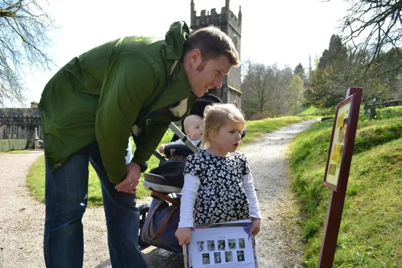 Mr Tin Box and Tot on a trail at Lanhydrock House during our break in Cornwall