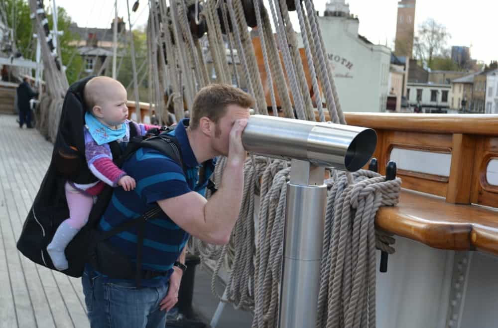 Mr Tin Box and Baby on the deck of the Cutty Sark - family trip to London