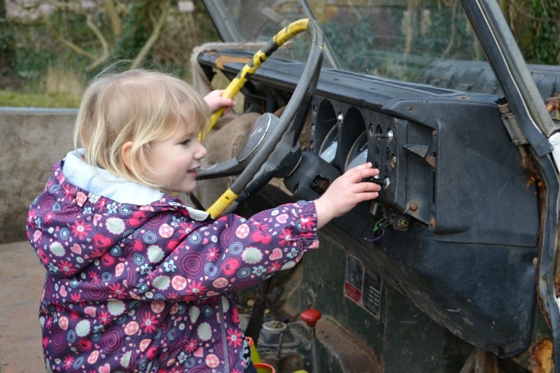 Tin Box Tot in Jeep at Wild Place Project, Bristol