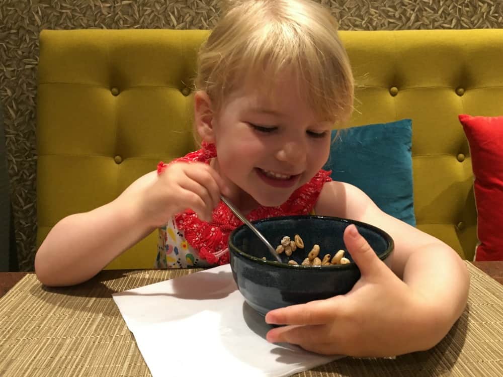 Tin Box Tot enjoying breakfast at Leonardo Hotel Barcelona