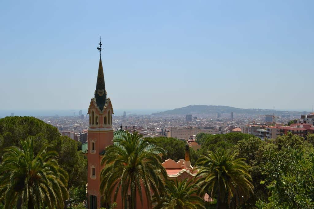 View across Barcelona skyline from Park Guell - Barcelona with a buggy