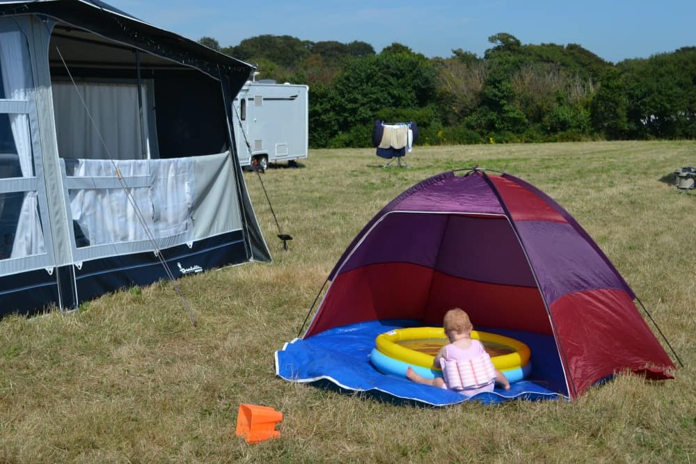 Paddling pool outside caravan - holidaying in South Devon, a caravan staycation