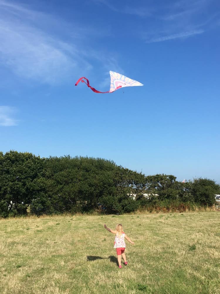 Tin Box Tot flying kite in field - Holidaying in South Devon, a caravan staycation