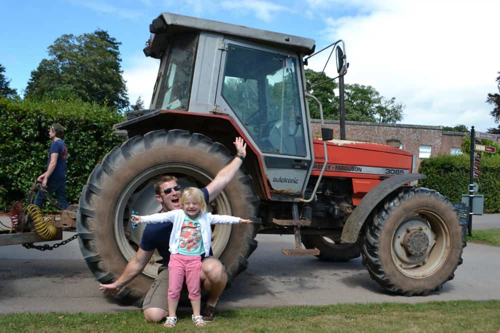 Mr Tin Box and Tot with the deer safari tractor at Powderham Castle