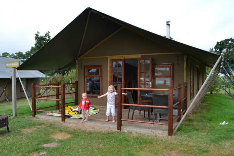 The Tin Box girls on the veranda of the safari tent - glamping at Crealy Meadows