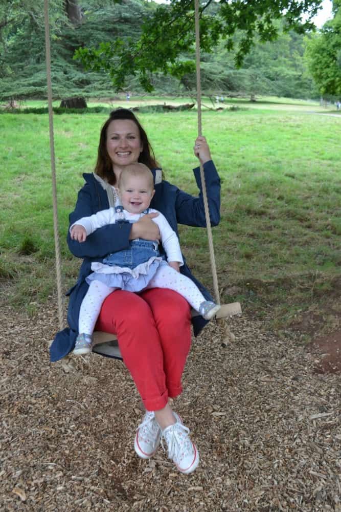 Tin Box Traveller and Baby on a tree swing - visiting Killerton National Trust with children