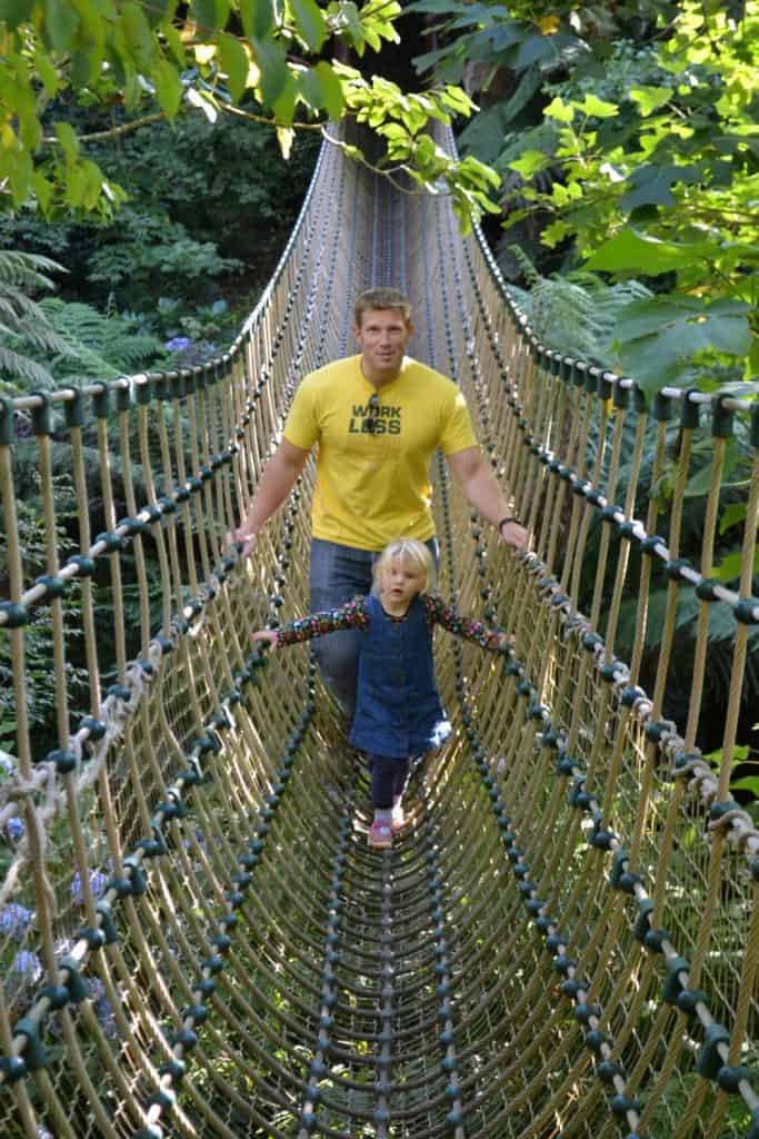 Mr Tin Box and Tin Box Tot on the Burma Rope Bridge at the Lost Gardens of Heligan - Cornwall with kids