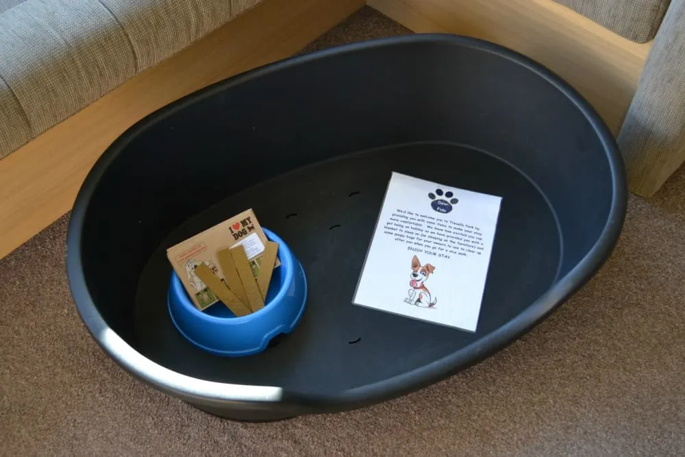 Dog basket and treats offered to pet guests at Trevella Holiday Park