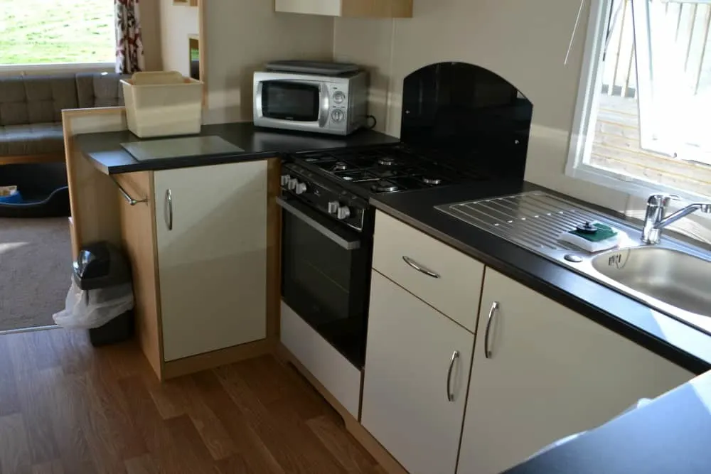 Kitchen in pet friendly caravan at Trevella Holiday Park, Cornwall