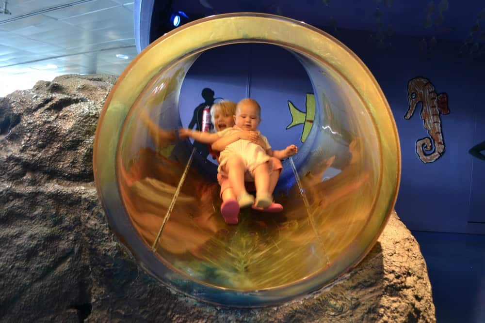 Tin Box Tot and Baby coming down whirlpool slide at L'Aquarium de Barcelona - Barcelona with kids