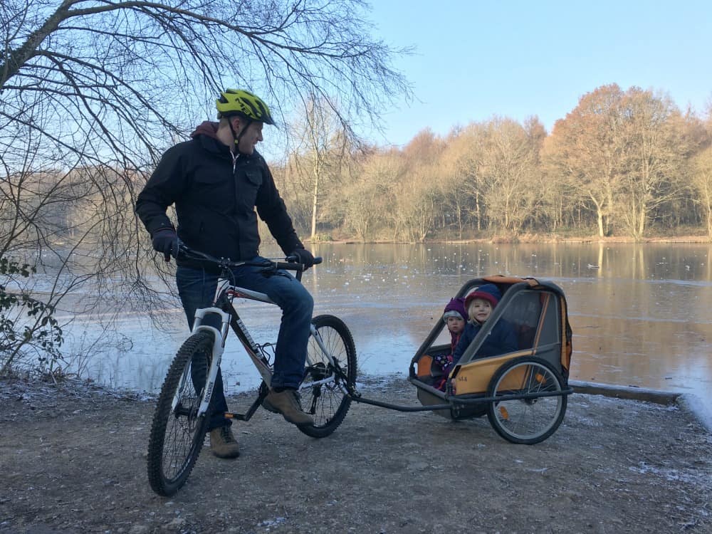 Mr Tin Box and girls by Lodge Lake - cycling in Alice Holt Forest