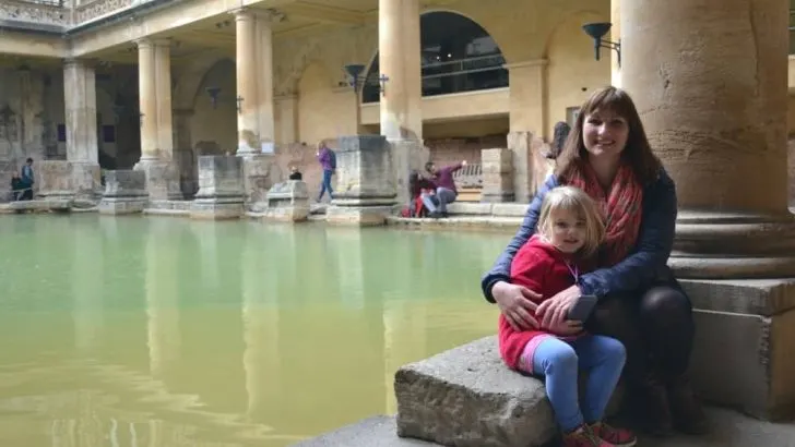 Tin Box Tot and Traveller by Grand Bath - Moving a Bath stone in the museum - Visiting the Roman Baths with toddlers