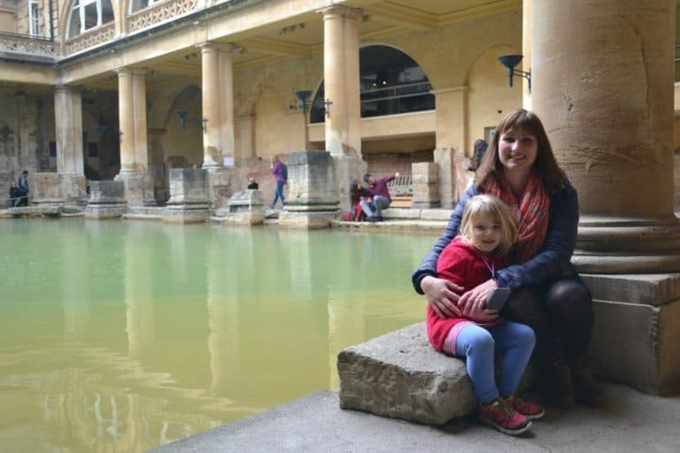 Tin Box Tot and Traveller by Grand Bath - Moving a Bath stone in the museum - Visiting the Roman Baths with toddlers