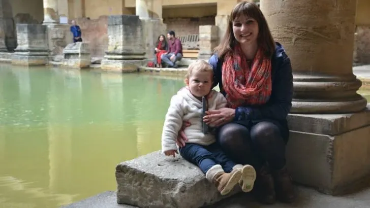 Tin Box Traveller and Baby by Grand Bath - Visiting the Roman Baths with toddlers
