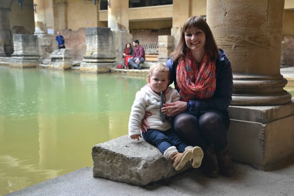 Tin Box Traveller and Baby by Grand Bath - Visiting the Roman Baths with toddlers