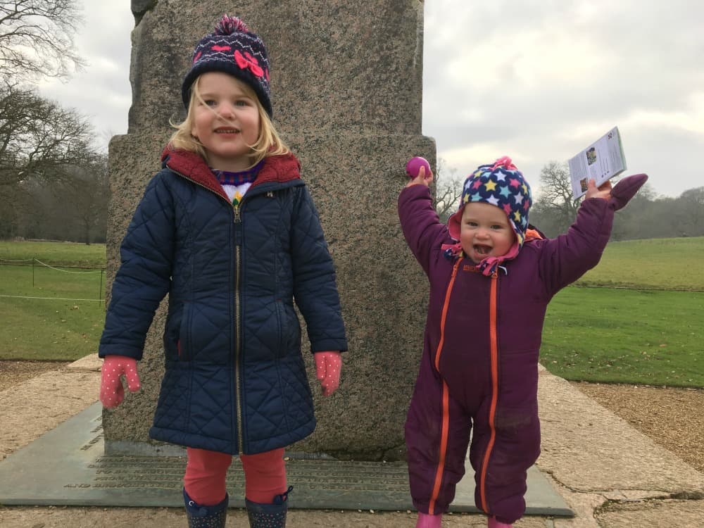 Tin Box girls at foot of Obelisk - First signs of Spring at Kingston Lacy National Trust