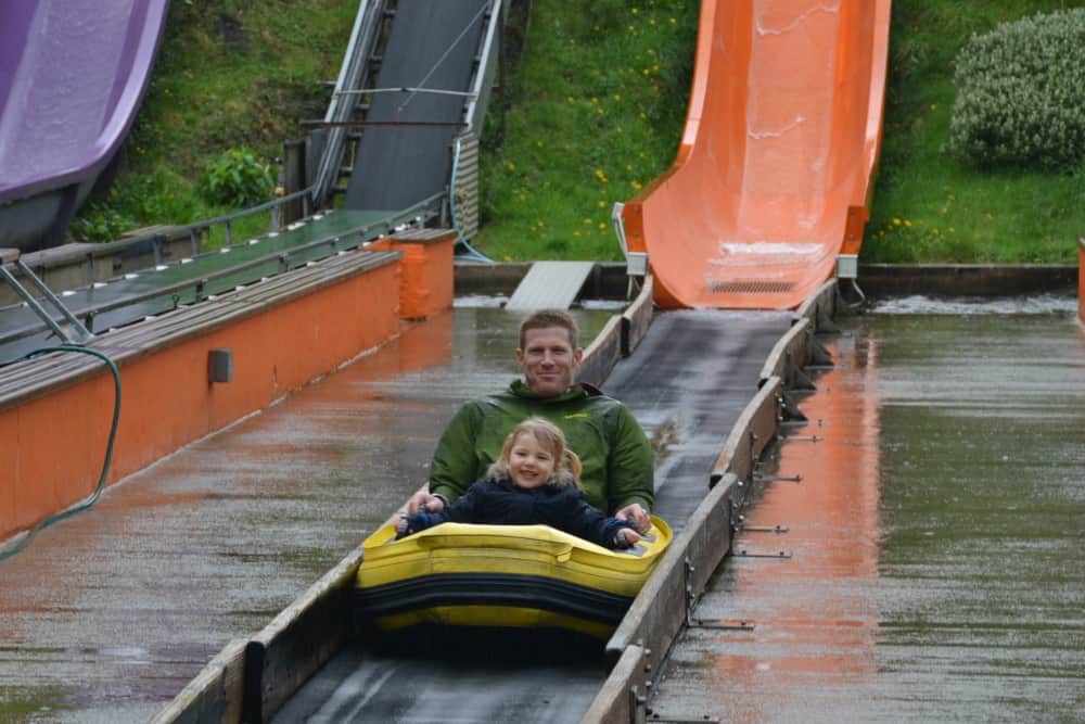 Mr Tin Box and Tot at the bottom of watercoaster at Woodlands: Easter in Devon