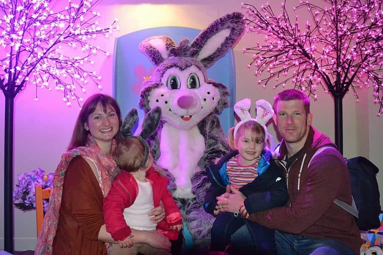 Tin Box Traveller family meeting Easter Bunny at Woodlands: Easter in Devon
