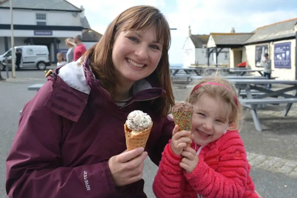 Tin Box Traveller and Tot wth ice cream: Land's End with kids