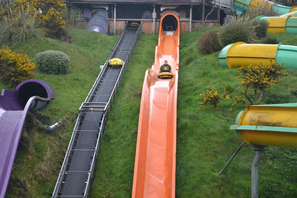 Mr Tin Box and Tin Box Tot on watercoaster at Woodlands: Easter in Devon