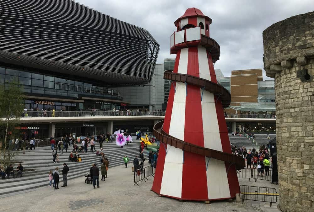 Helter skelter outside West Quay - Hampshire days out: a ride on Hythe Ferry and exploring Southampton on foot