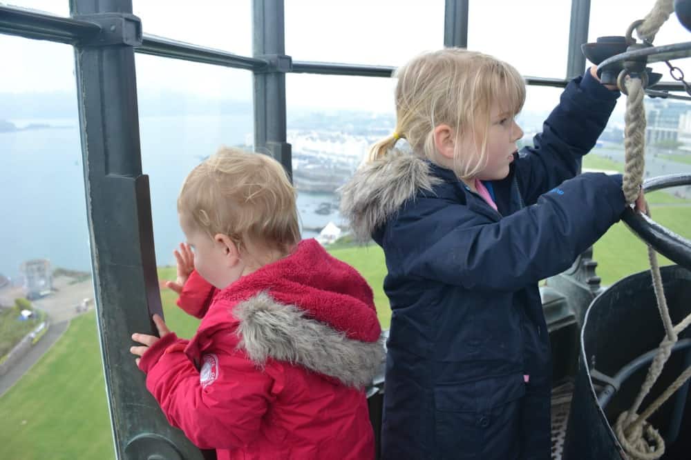 Tin Box girls in Seaton's Tower - toddler days out in Devon
