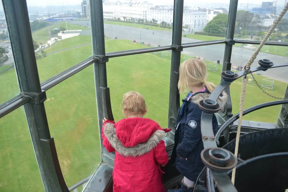 Tin Box girls looking out of Smeaton's Tower