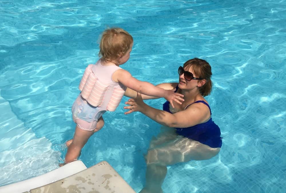 Tin Box Baby and Traveller in pool at Andrewshayes - an East Devon holiday park review