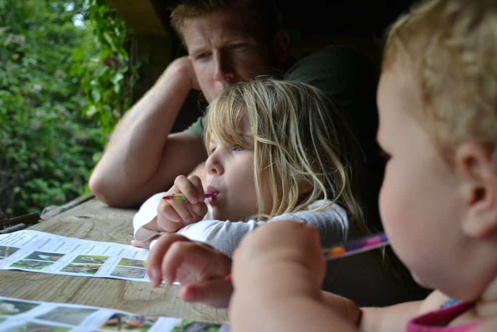 Tin Box family in bird hide at China Fleet Country Club where we had a spa break with kids