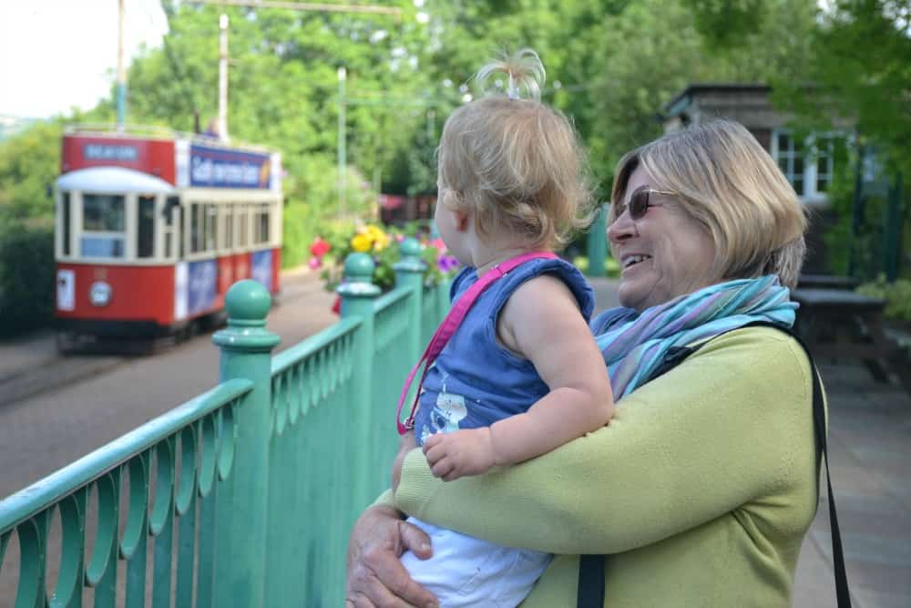 Tin Box Baby and Nana looking at tram at Seaton Tramway