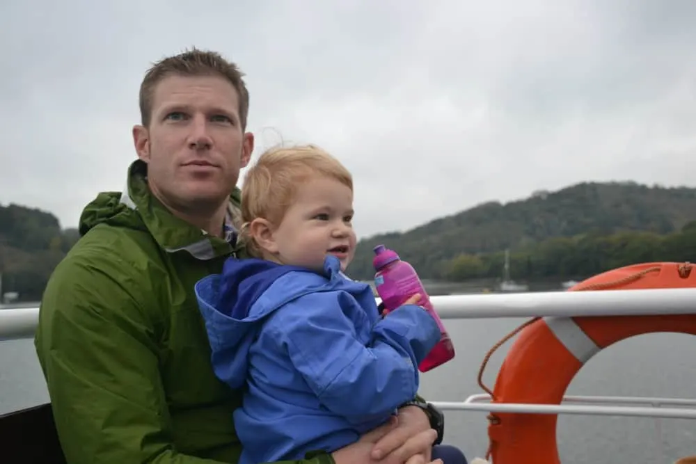 Mr Tin Box and Baby on river boat - the Round Robin South Devon