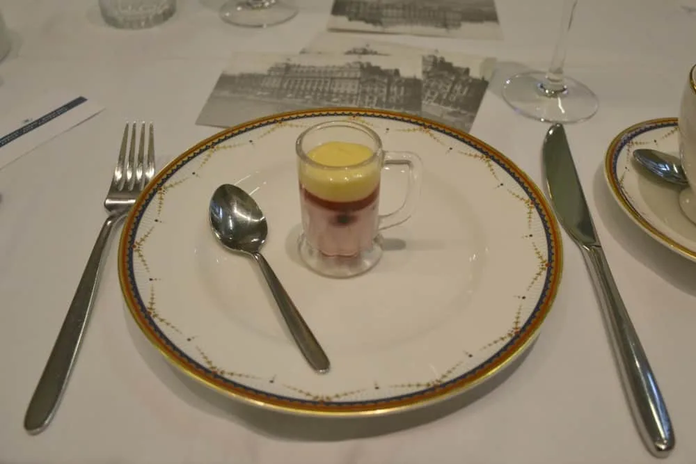 Raspberry and lemon mousse in a small glass - afternoon tea at the Waldorf Hilton London