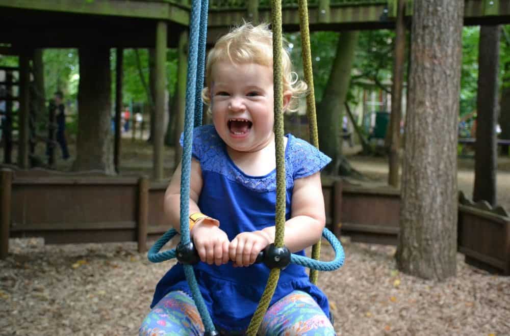 Tin Box Baby in toddler zipline at BeWILDerwood Norfolk