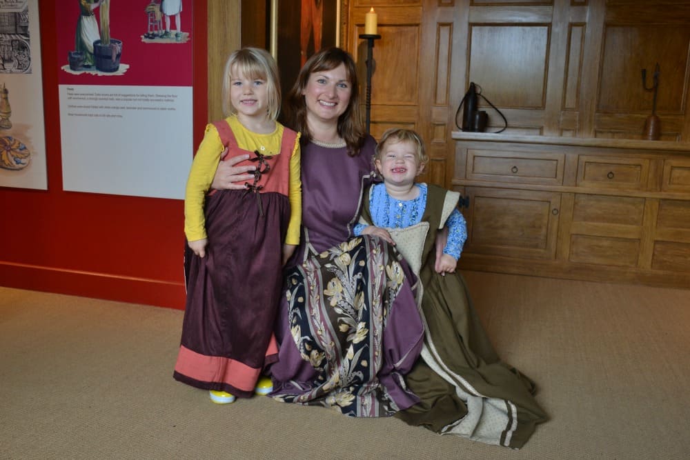 Tin Box Traveller and girls in Tudor outfits at Buckland Abbey