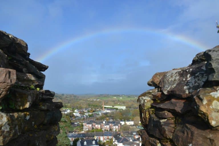 Rainbow through walls of Totnes Castle