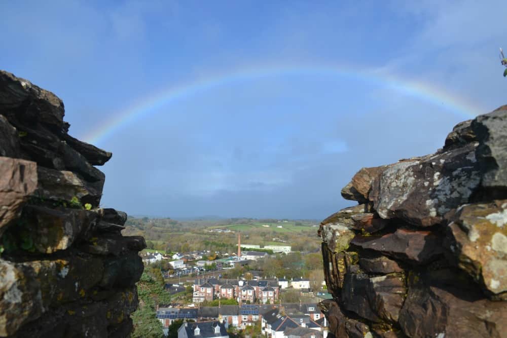 Rainbow through walls of Totnes Castle