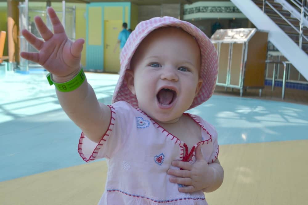 Baby happy on lido deck - cruising with a baby