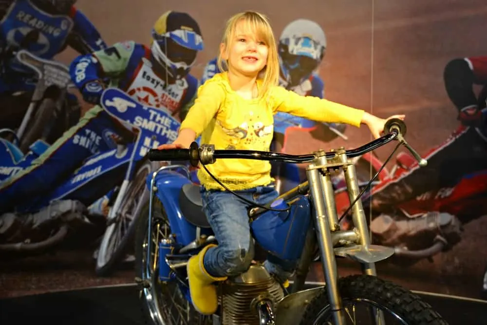 Tot on motorbike at Haynes International Motor Museum