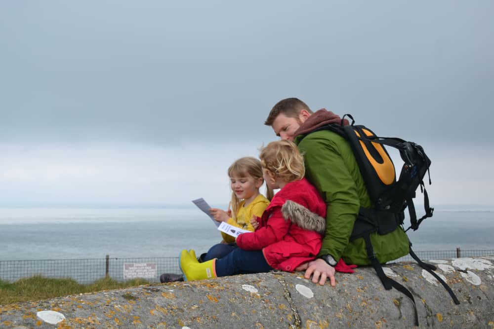 Mr Tin Box and girls at Needles Battery - Isle of Wight with kids