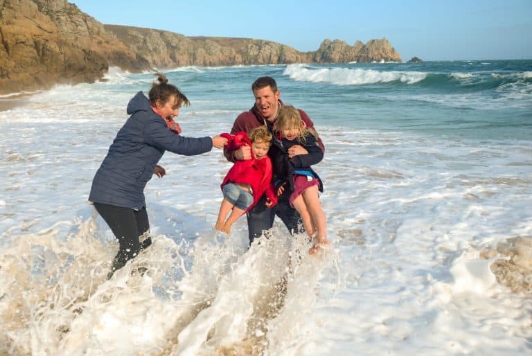 Tin Box family at Porthcurno Beach