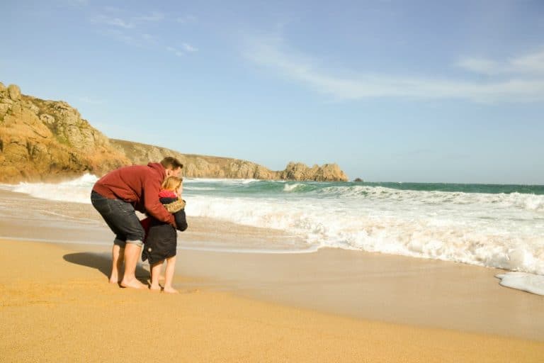 Tin Box family at Porthcurno Beach, Cornwall