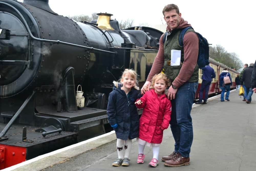 Tin Box family by train at Bodmin General station at Bodmin & Wenford Railway