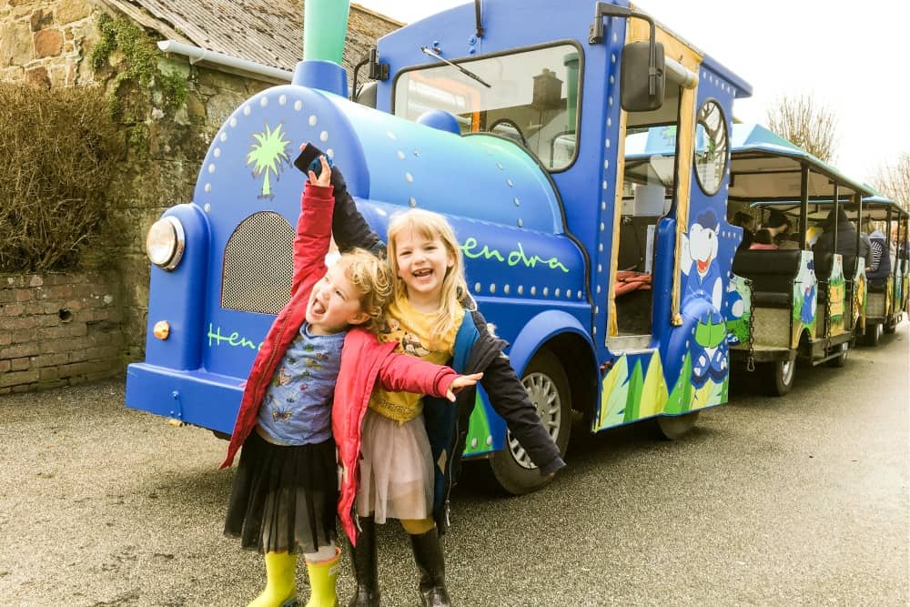 Tin Box girls in front of Hendra Express - Cornwall holiday park