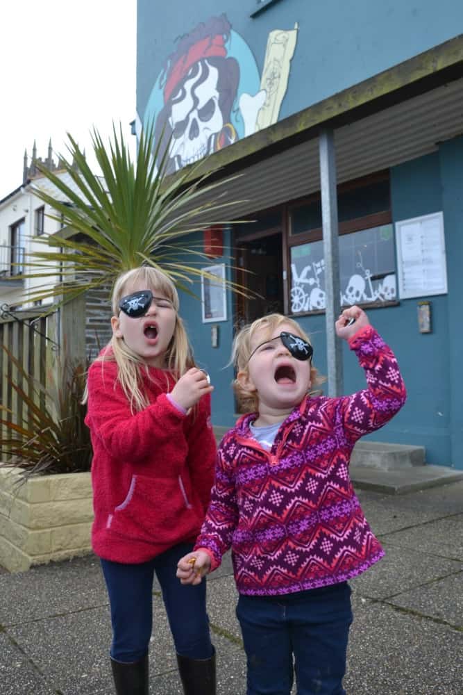 Tin Box girls outside Pirates Quest in Newquay - things to do on a rainy day in Cornwall