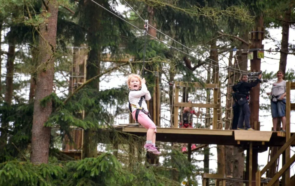 Tin Box Baby on zip wire at Go Ape Exeter: Tree Top Junior Adventure at Haldon Forest
