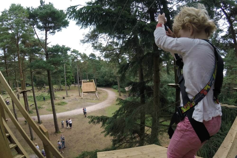 Tin Box Baby at top of zip wire at Go Ape Exeter: Tree Top Junior Adventure at Haldon Forest