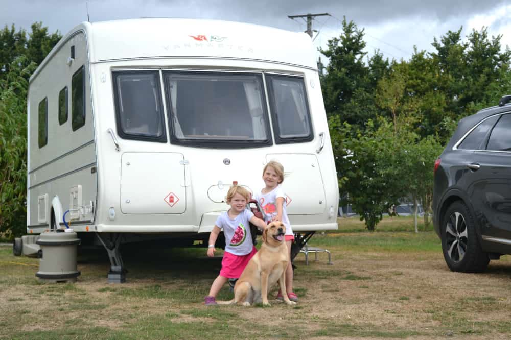 Tin Box and girls at Cealy Meadows - camping at Crealy Adventure Park